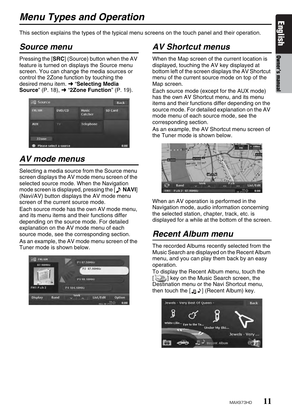 Menu types and operation, English, Source menu | Av mode menus, Av shortcut menus, Recent album menu | Clarion MAX973HD User Manual | Page 107 / 187