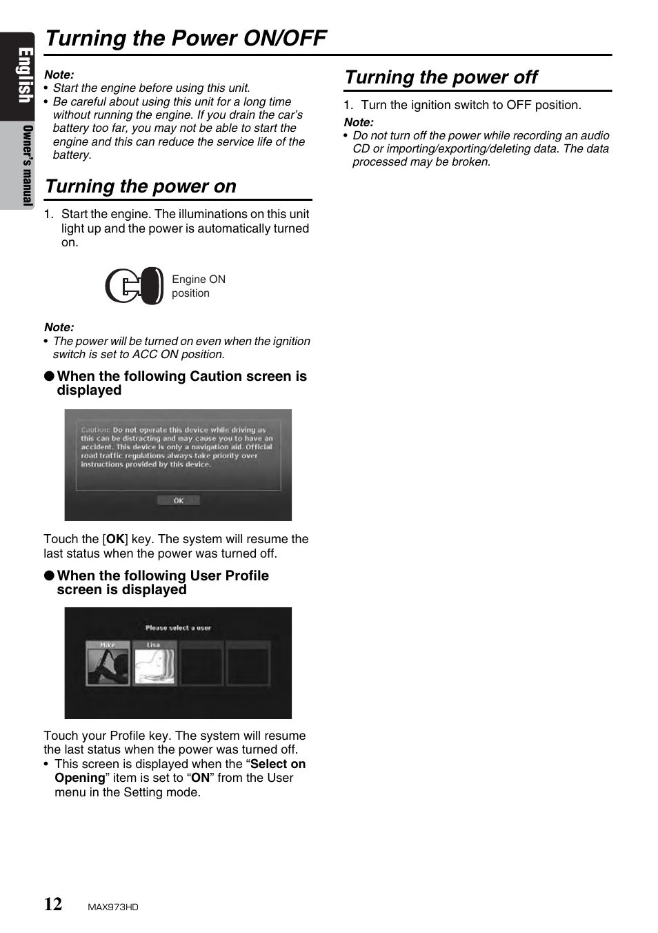 Turning the power on/off, English, Turning the power on | Turning the power off | Clarion MAX973HD User Manual | Page 108 / 187