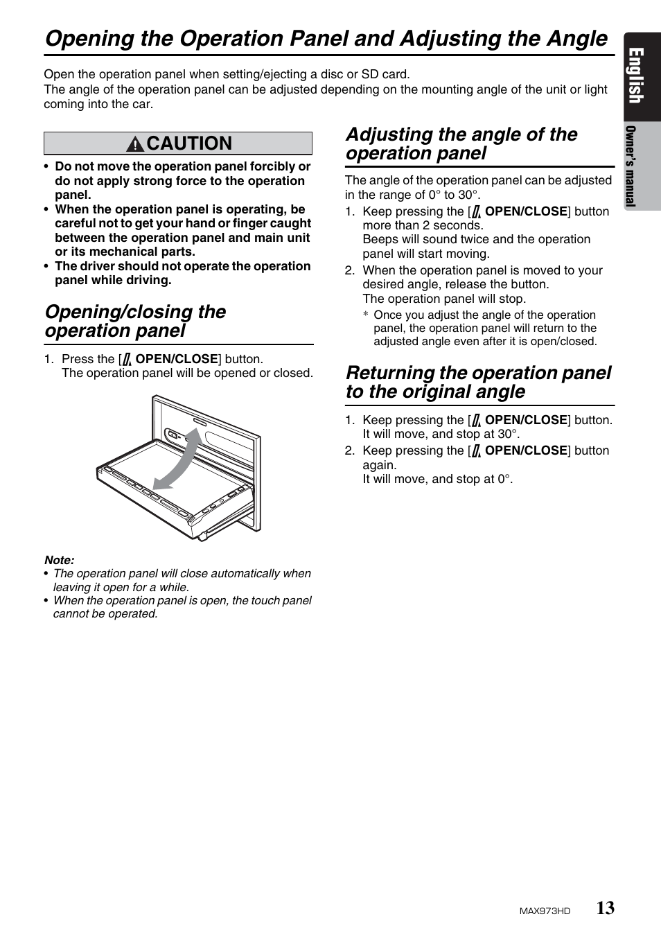 English, Caution, Opening/closing the operation panel | Adjusting the angle of the operation panel | Clarion MAX973HD User Manual | Page 109 / 187