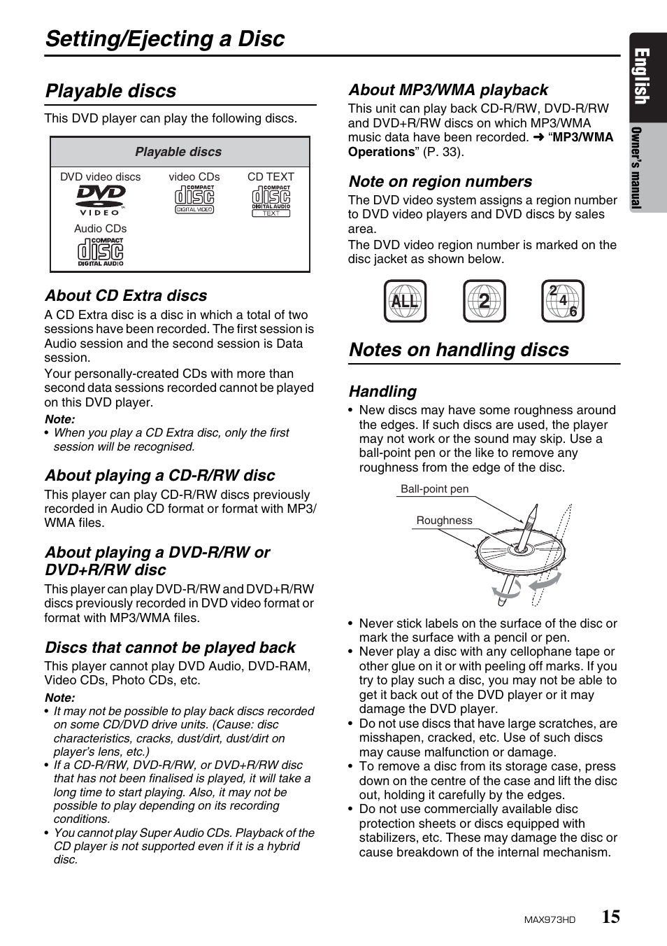 Setting/ejecting a disc, English, Playable discs | Clarion MAX973HD User Manual | Page 111 / 187