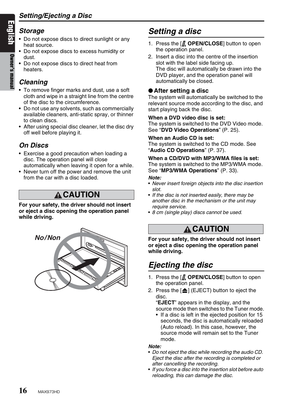 English, Caution, Setting a disc | Ejecting the disc | Clarion MAX973HD User Manual | Page 112 / 187