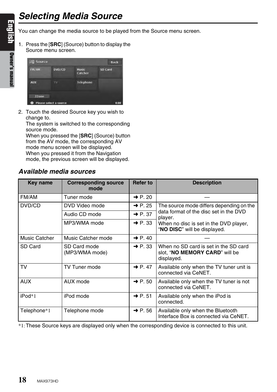 Selecting media source, English, Available media sources | Clarion MAX973HD User Manual | Page 114 / 187