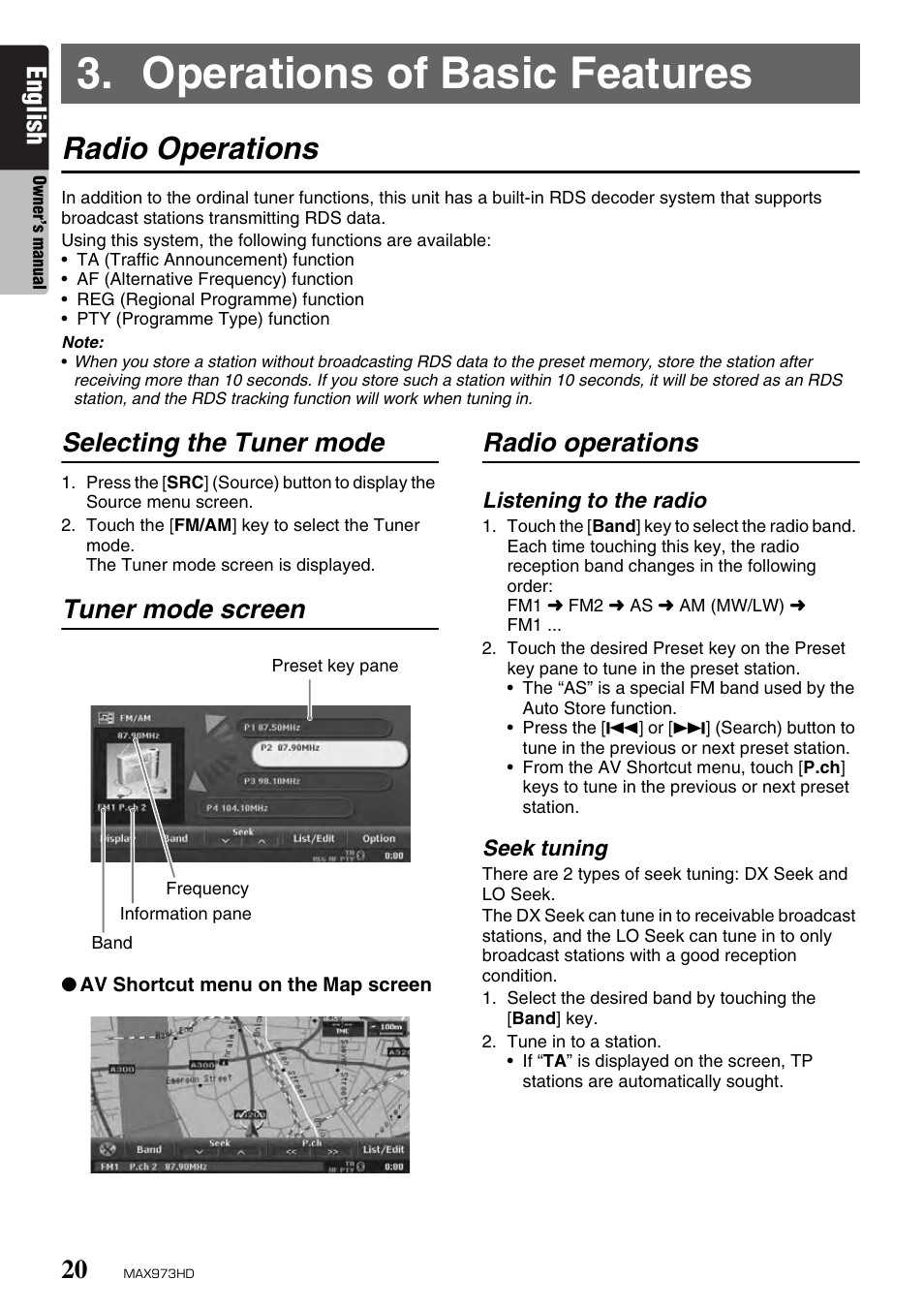 Operations of basic features, Radio operations, English | Selecting the tuner mode, Tuner mode screen | Clarion MAX973HD User Manual | Page 116 / 187