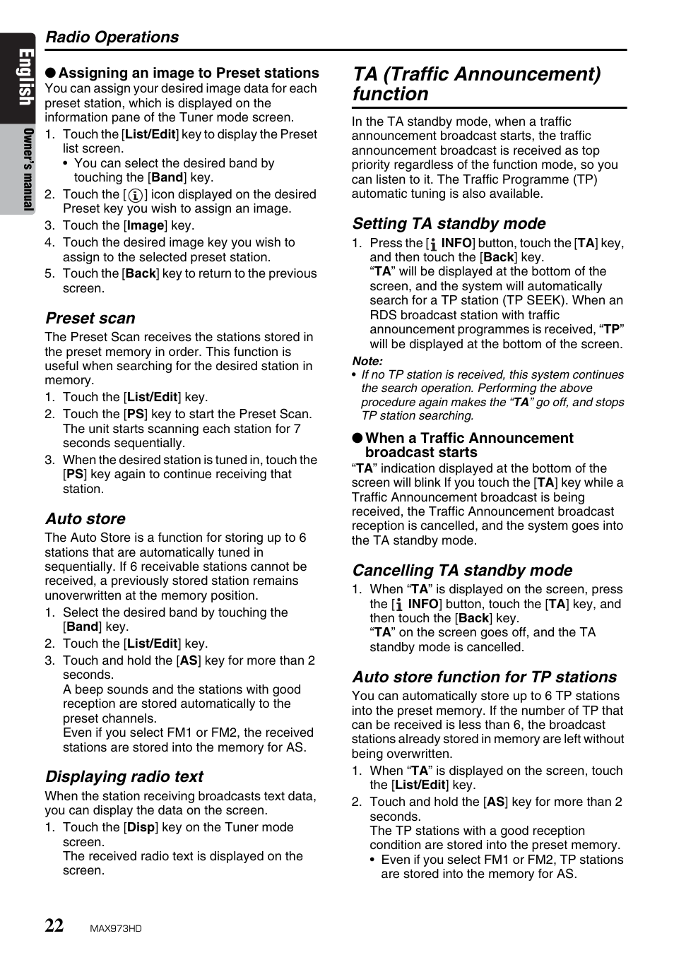 English, Ta (traffic announcement) function | Clarion MAX973HD User Manual | Page 118 / 187