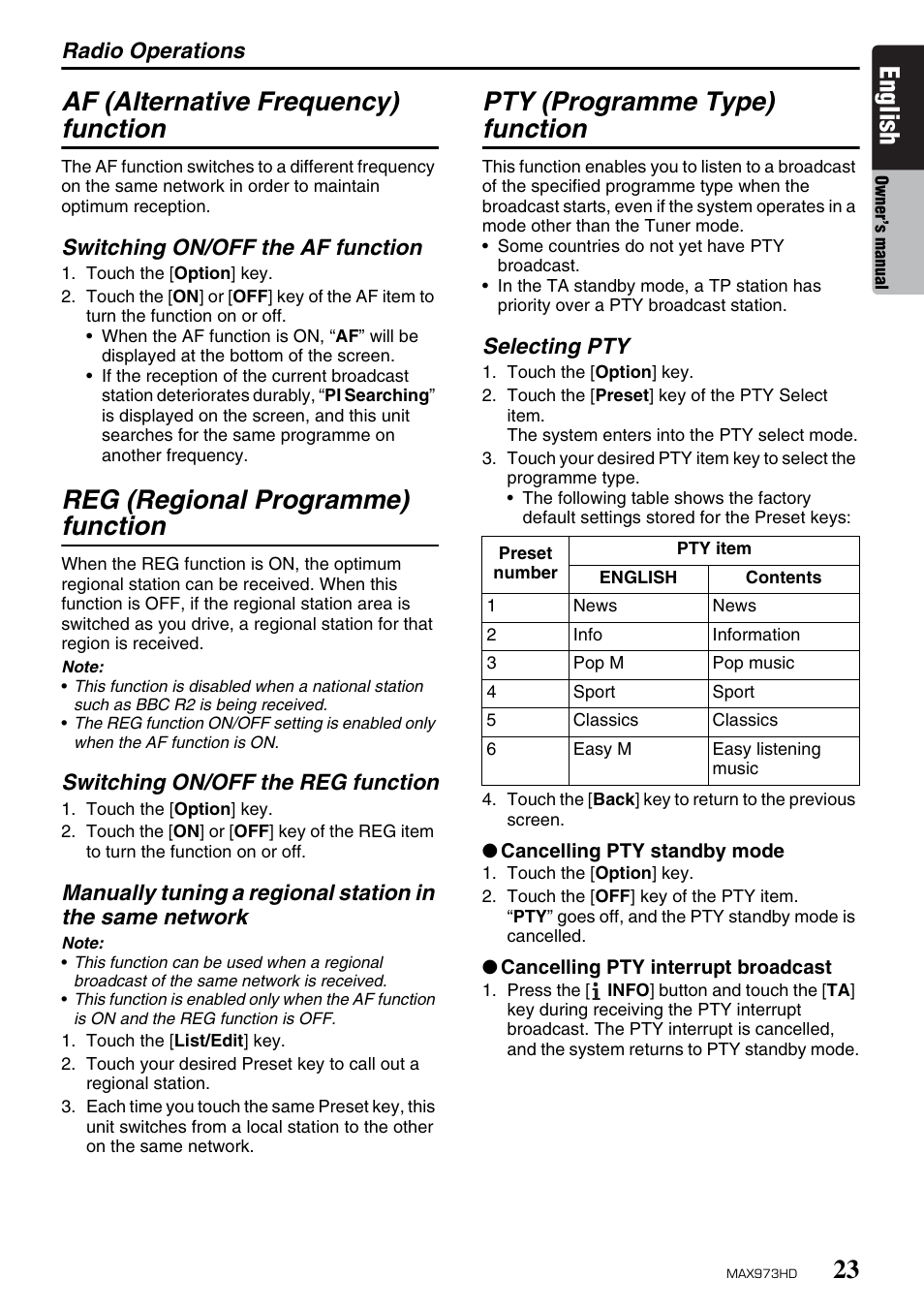 English, Af (alternative frequency) function, Reg (regional programme) function | Pty (programme type) function | Clarion MAX973HD User Manual | Page 119 / 187