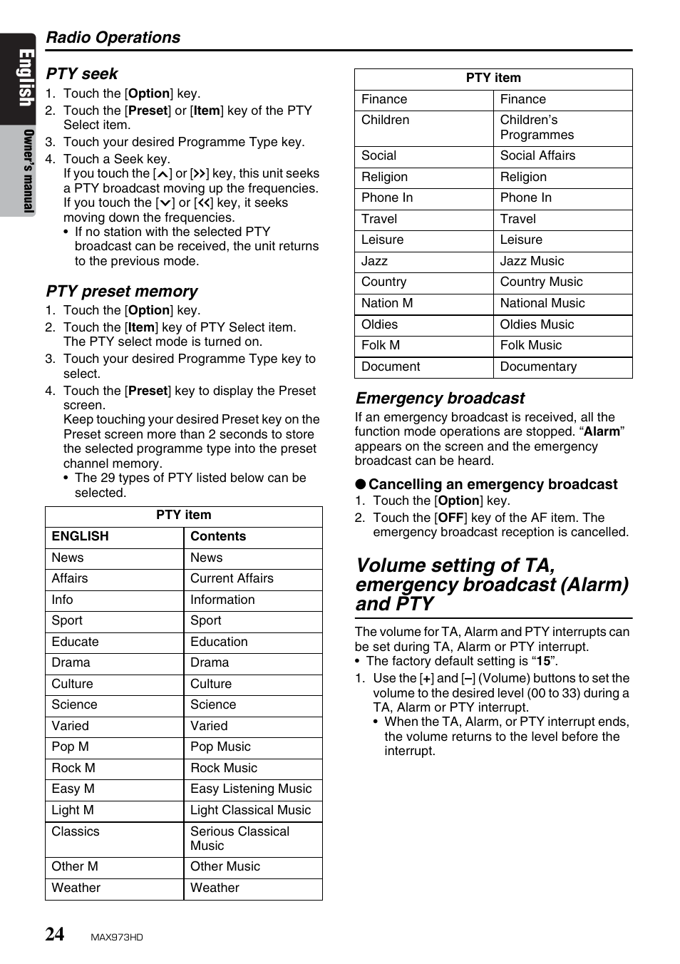 English, Radio operations, Pty seek | Emergency broadcast | Clarion MAX973HD User Manual | Page 120 / 187