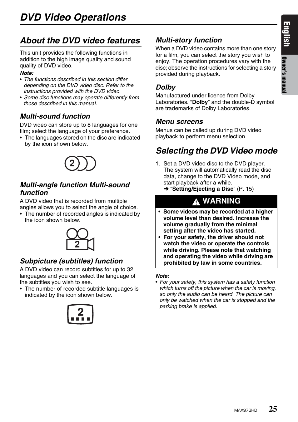 Dvd video operations, English, About the dvd video features | Selecting the dvd video mode, Warning | Clarion MAX973HD User Manual | Page 121 / 187