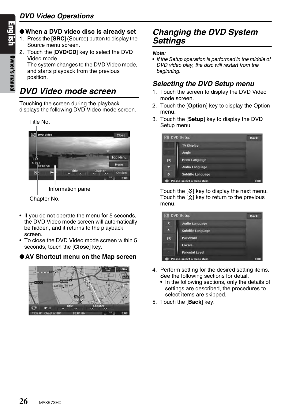 English, Dvd video mode screen, Changing the dvd system settings | Clarion MAX973HD User Manual | Page 122 / 187