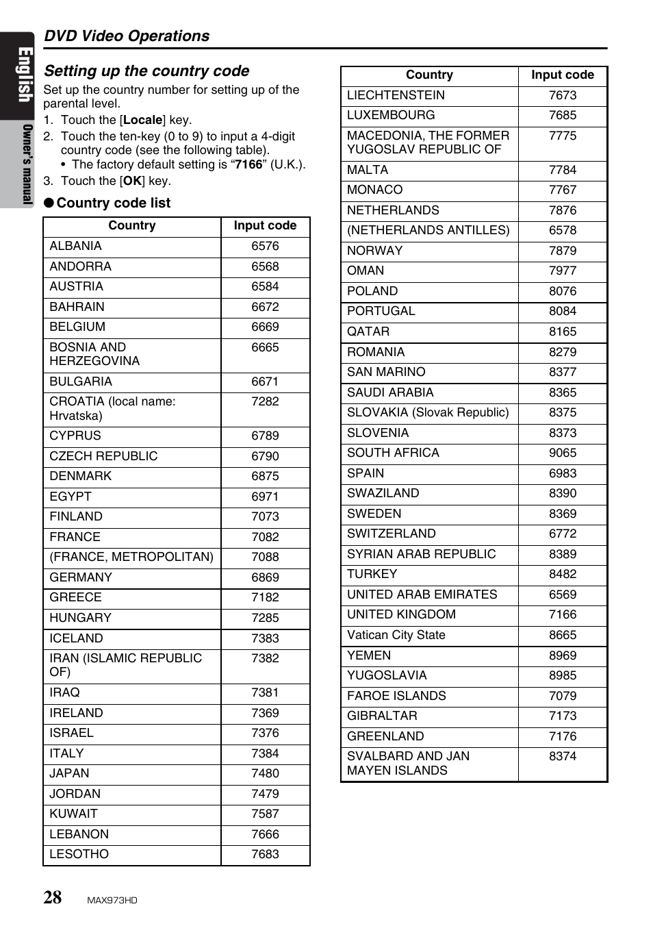 English, Dvd video operations, Setting up the country code | Clarion MAX973HD User Manual | Page 124 / 187