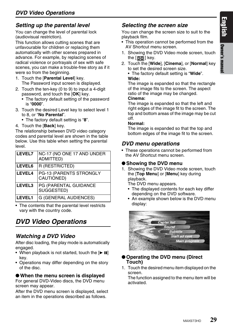 English, Dvd video operations | Clarion MAX973HD User Manual | Page 125 / 187