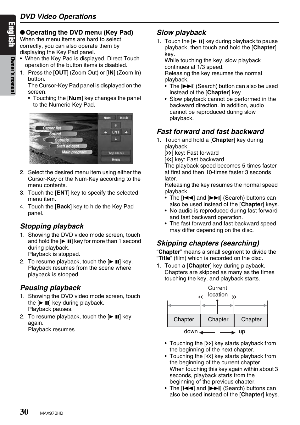 English, Dvd video operations, Stopping playback | Pausing playback, Slow playback, Fast forward and fast backward, Skipping chapters (searching) | Clarion MAX973HD User Manual | Page 126 / 187