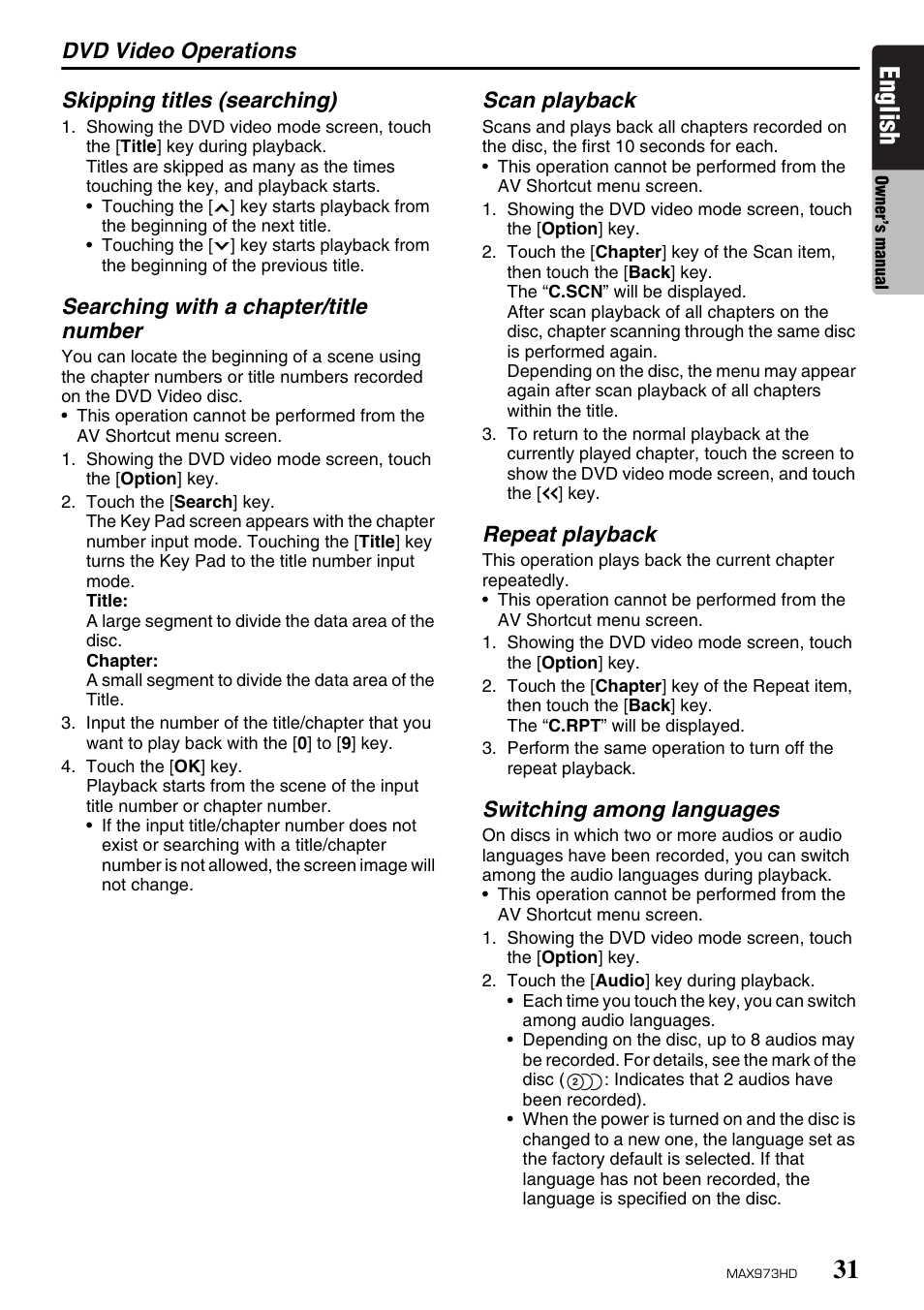 English, Dvd video operations, Skipping titles (searching) | Searching with a chapter/title number, Scan playback, Repeat playback, Switching among languages | Clarion MAX973HD User Manual | Page 127 / 187