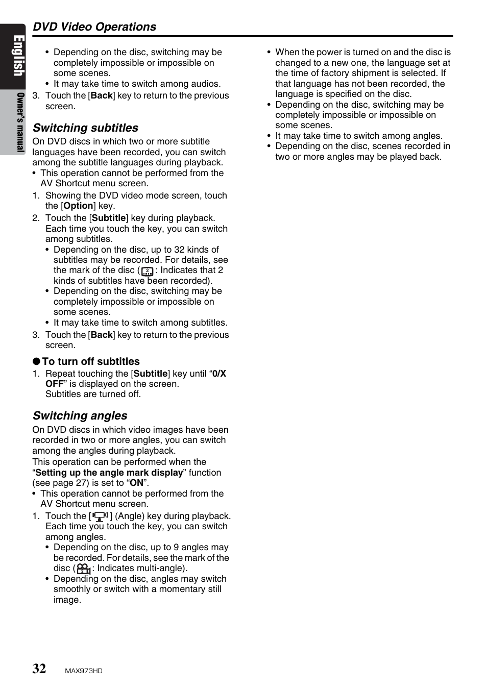 English, Dvd video operations, Switching subtitles | Switching angles | Clarion MAX973HD User Manual | Page 128 / 187