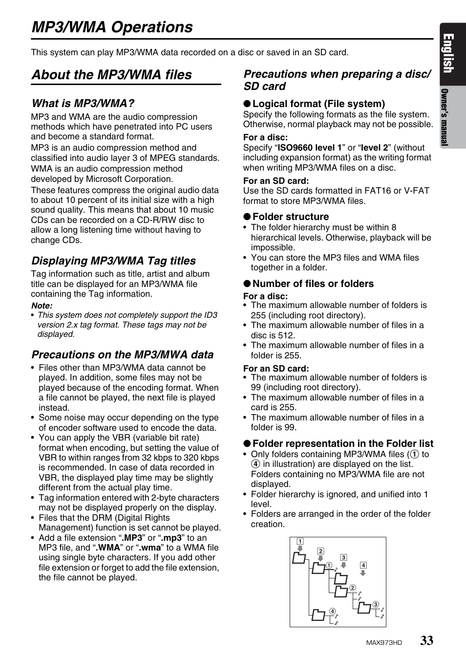 Mp3/wma operations, English, About the mp3/wma files | What is mp3/wma, Displaying mp3/wma tag titles, Precautions on the mp3/mwa data, Precautions when preparing a disc/ sd card | Clarion MAX973HD User Manual | Page 129 / 187