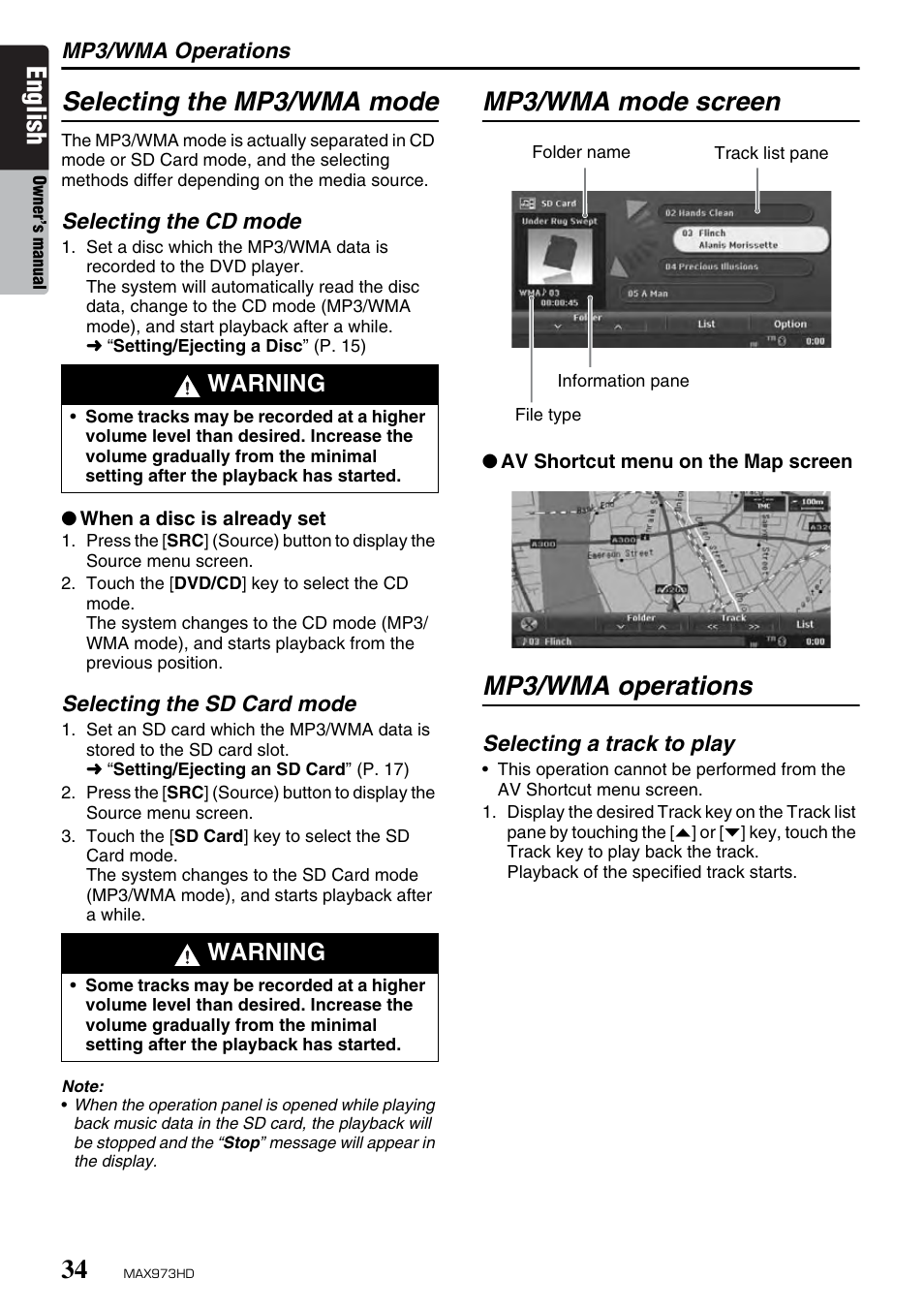 English, Selecting the mp3/wma mode, Mp3/wma mode screen | Mp3/wma operations, Warning | Clarion MAX973HD User Manual | Page 130 / 187