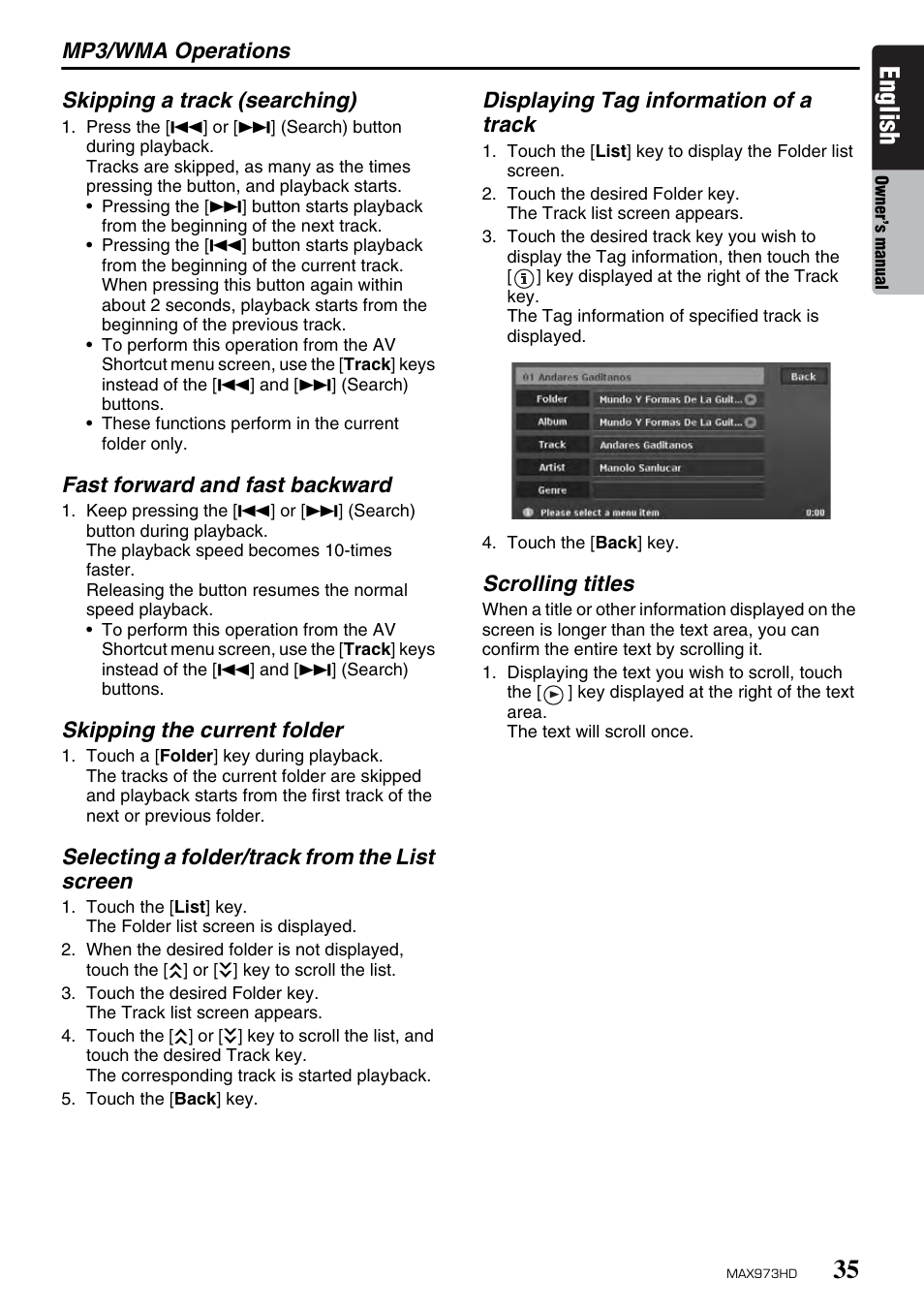 English, Mp3/wma operations, Skipping a track (searching) | Fast forward and fast backward, Skipping the current folder, Selecting a folder/track from the list screen, Displaying tag information of a track, Scrolling titles | Clarion MAX973HD User Manual | Page 131 / 187