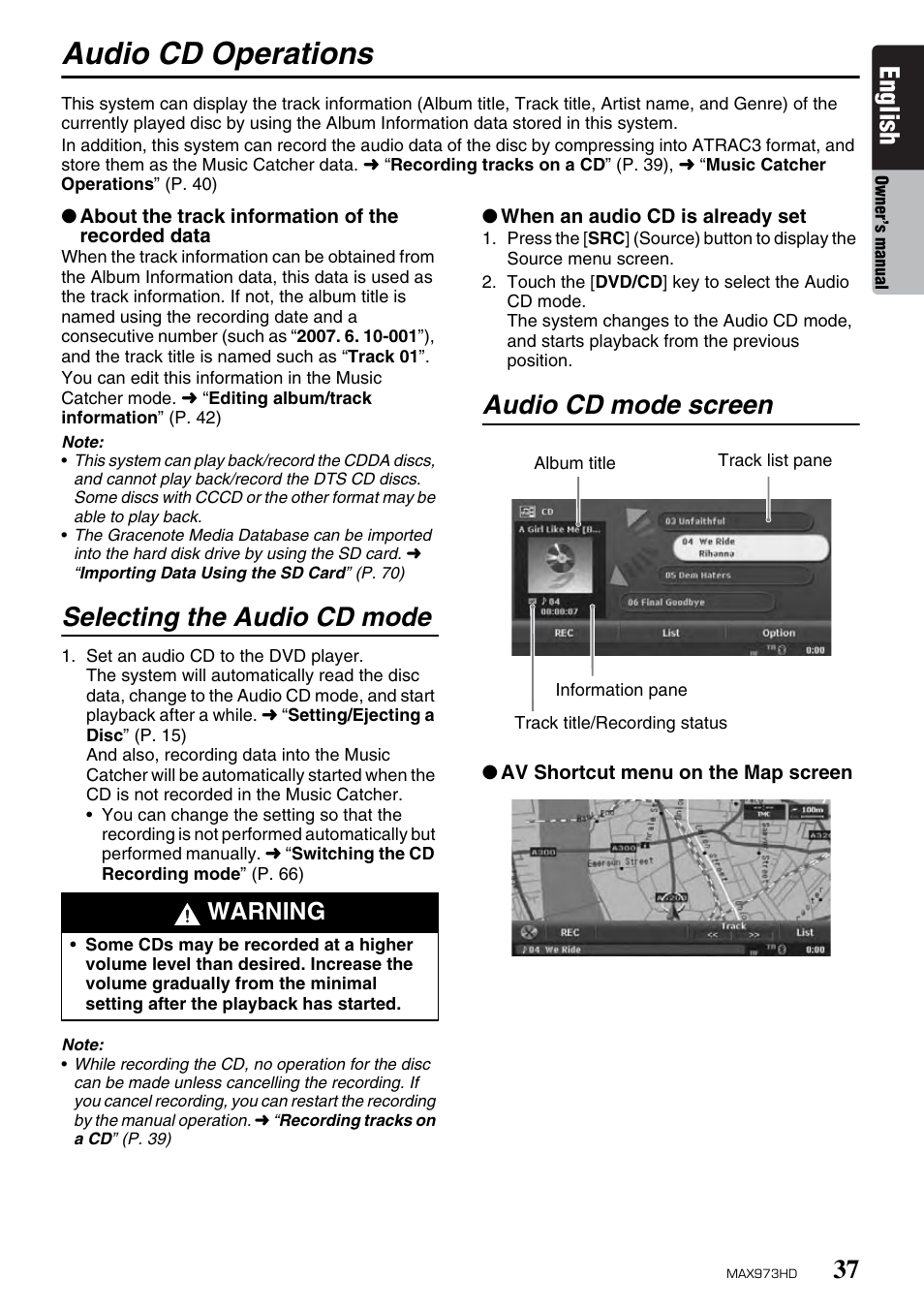 Audio cd operations, English, Selecting the audio cd mode | Audio cd mode screen, Warning | Clarion MAX973HD User Manual | Page 133 / 187