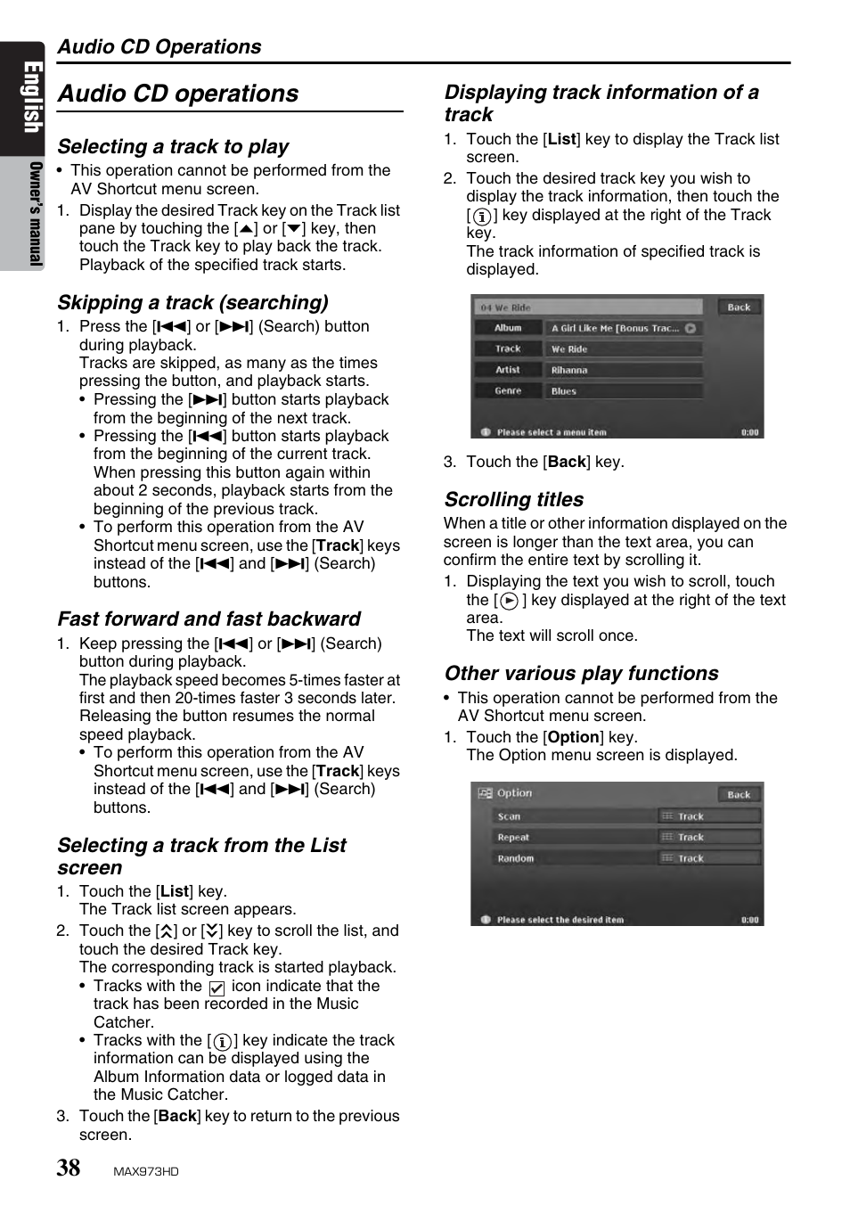 English, Audio cd operations | Clarion MAX973HD User Manual | Page 134 / 187