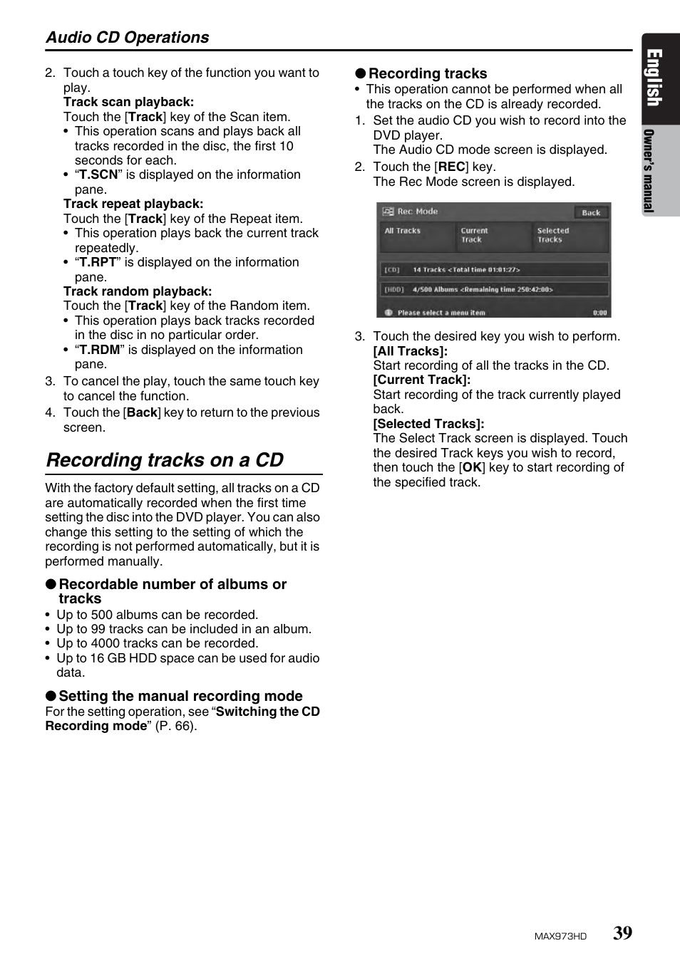 English, Recording tracks on a cd | Clarion MAX973HD User Manual | Page 135 / 187