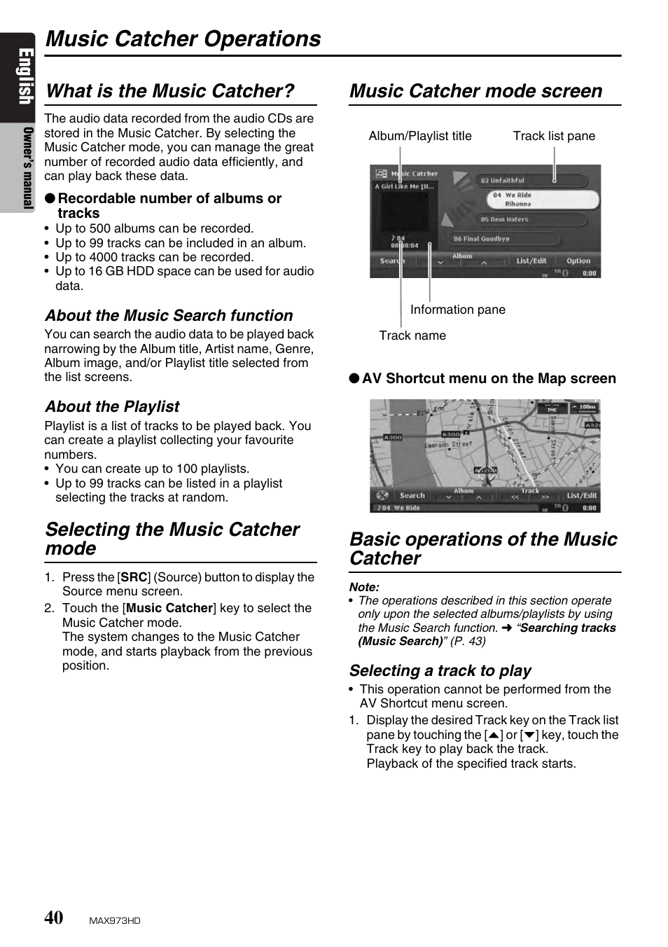 Music catcher operations, English, What is the music catcher | Selecting the music catcher mode, Music catcher mode screen, Basic operations of the music catcher | Clarion MAX973HD User Manual | Page 136 / 187