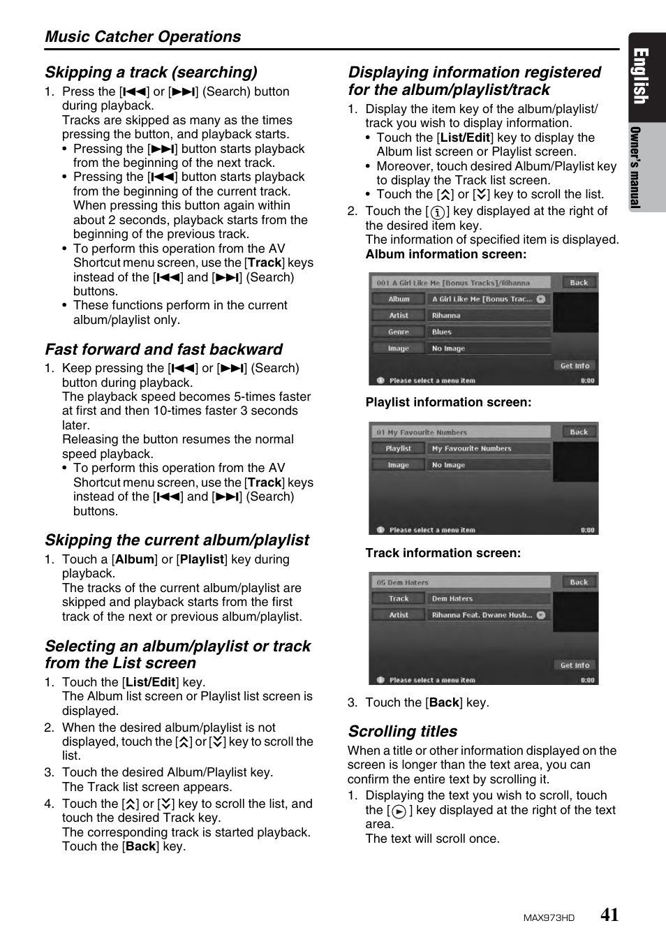 English, Music catcher operations, Skipping a track (searching) | Fast forward and fast backward, Skipping the current album/playlist, Scrolling titles | Clarion MAX973HD User Manual | Page 137 / 187