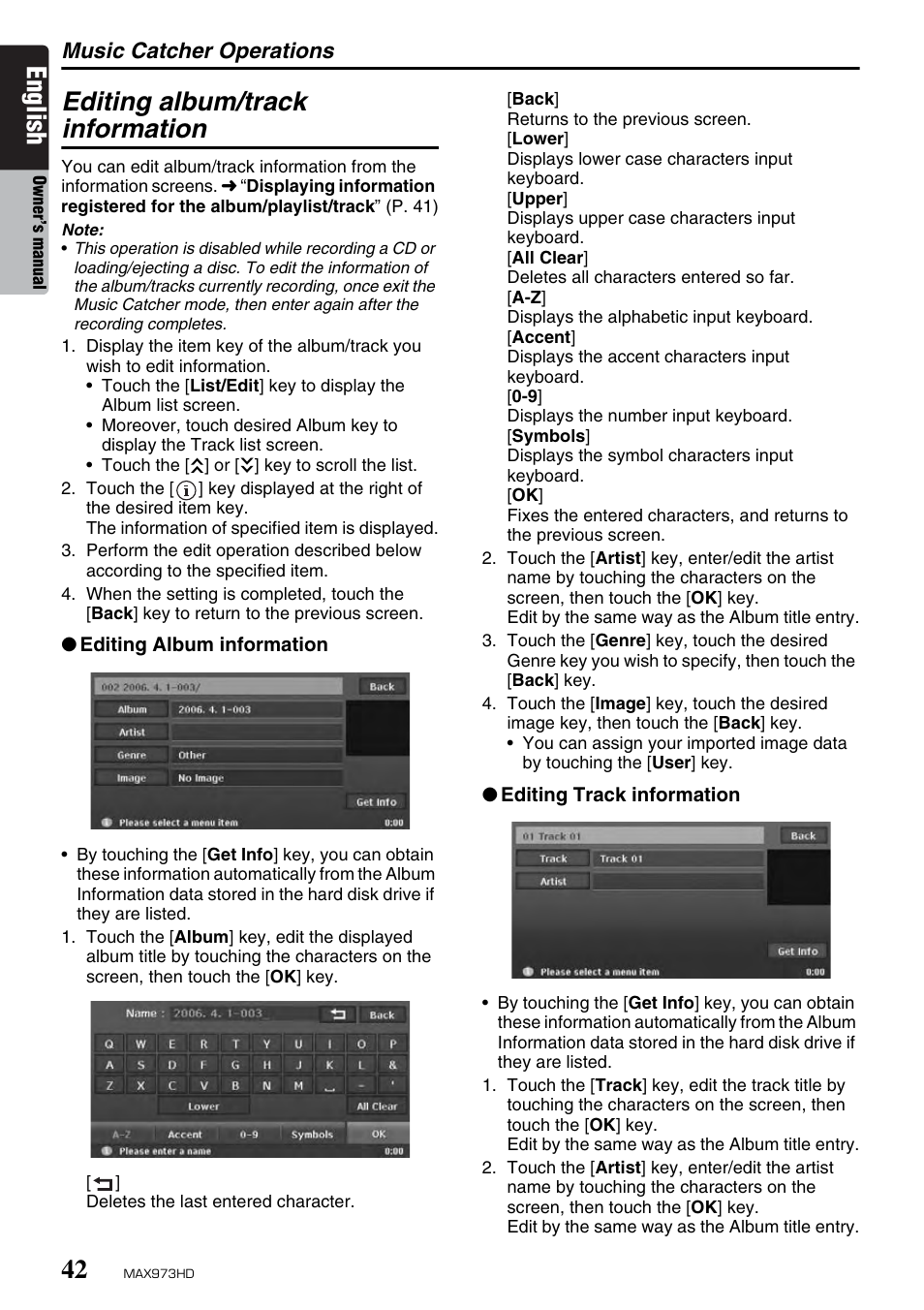 English, Editing album/track information, Music catcher operations | Clarion MAX973HD User Manual | Page 138 / 187