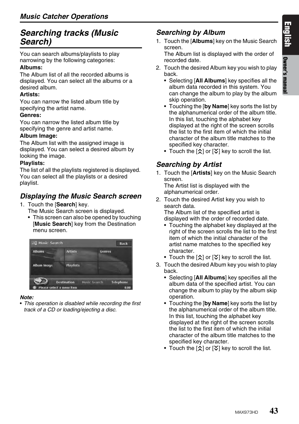 English, Searching tracks (music search) | Clarion MAX973HD User Manual | Page 139 / 187