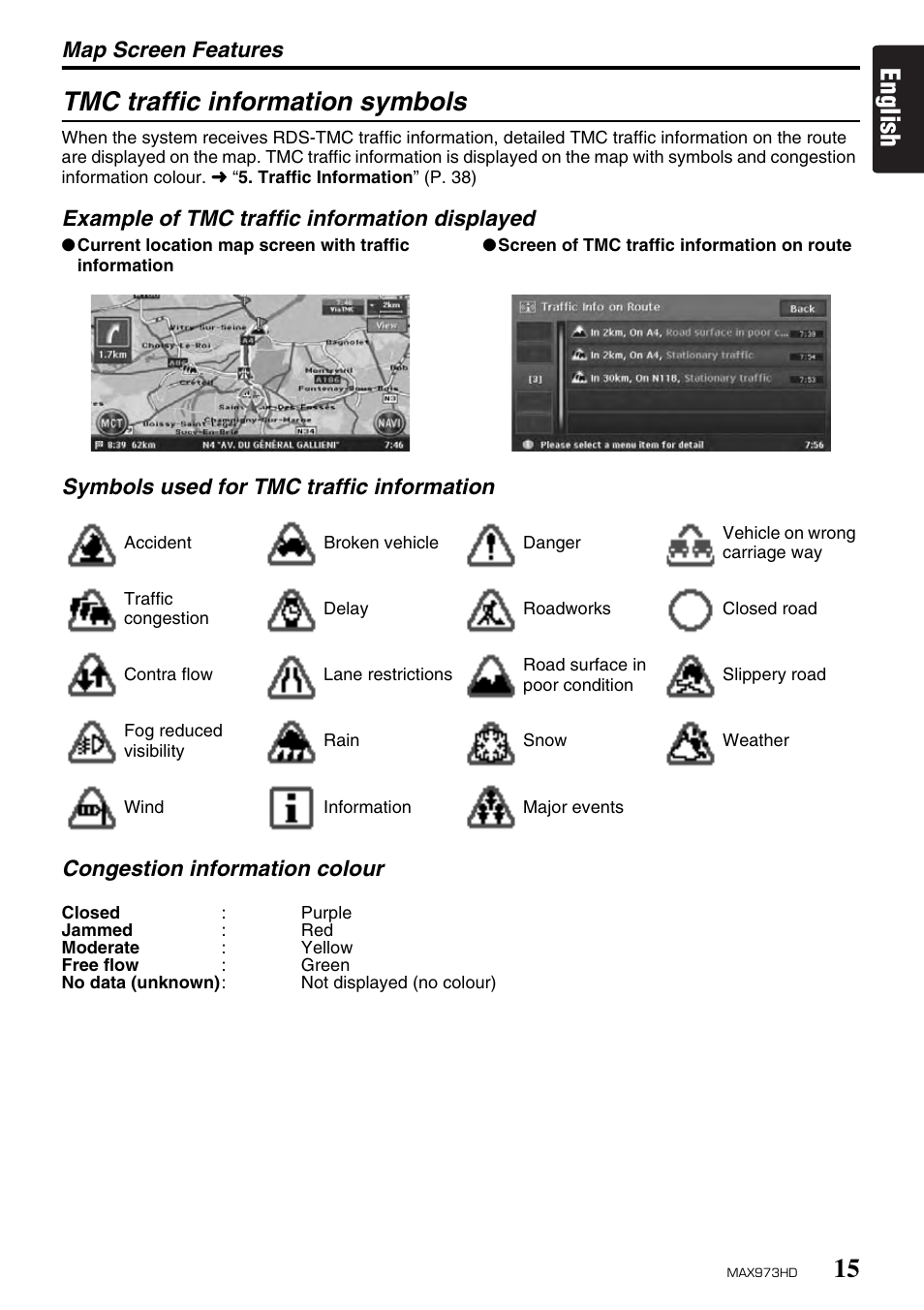 English tmc traffic information symbols | Clarion MAX973HD User Manual | Page 14 / 187