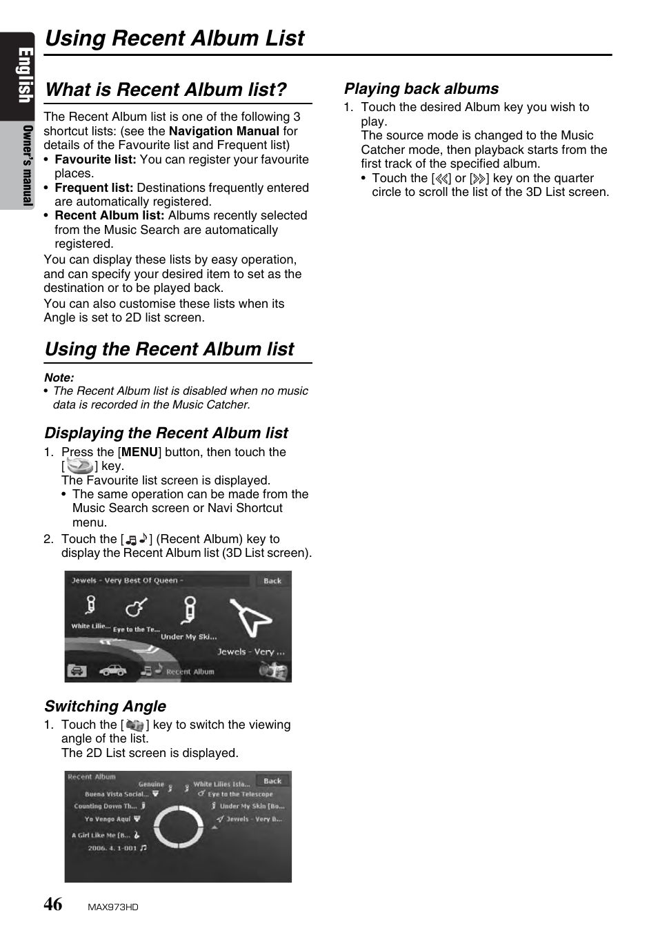 Using recent album list, English, What is recent album list | Using the recent album list | Clarion MAX973HD User Manual | Page 142 / 187