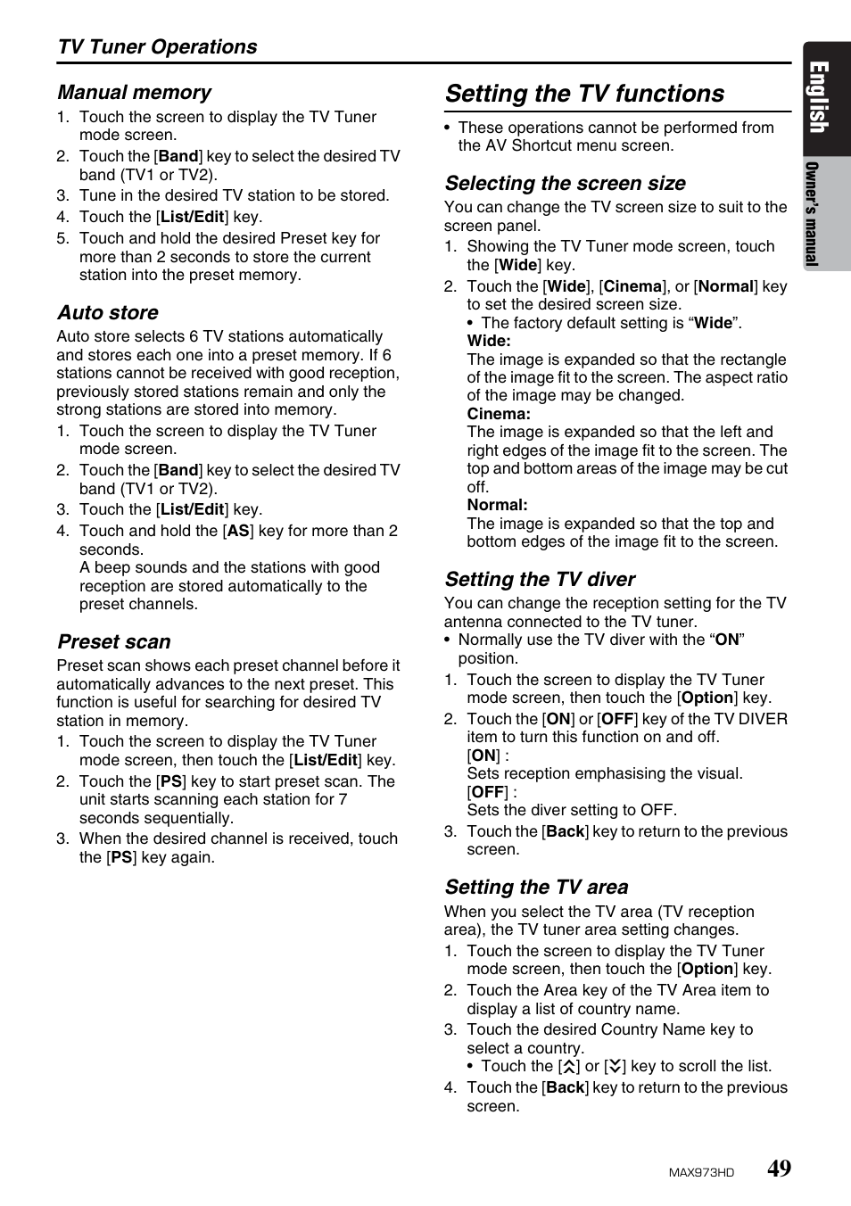 English, Setting the tv functions | Clarion MAX973HD User Manual | Page 145 / 187