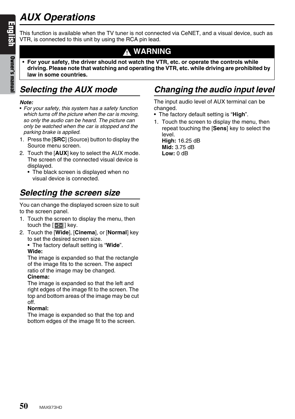 Aux operations, English, Selecting the aux mode | Selecting the screen size, Changing the audio input level, Warning | Clarion MAX973HD User Manual | Page 146 / 187