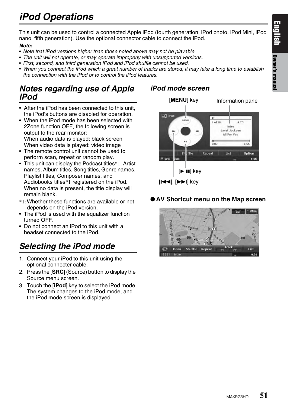 Ipod operations, English, Selecting the ipod mode | Clarion MAX973HD User Manual | Page 147 / 187