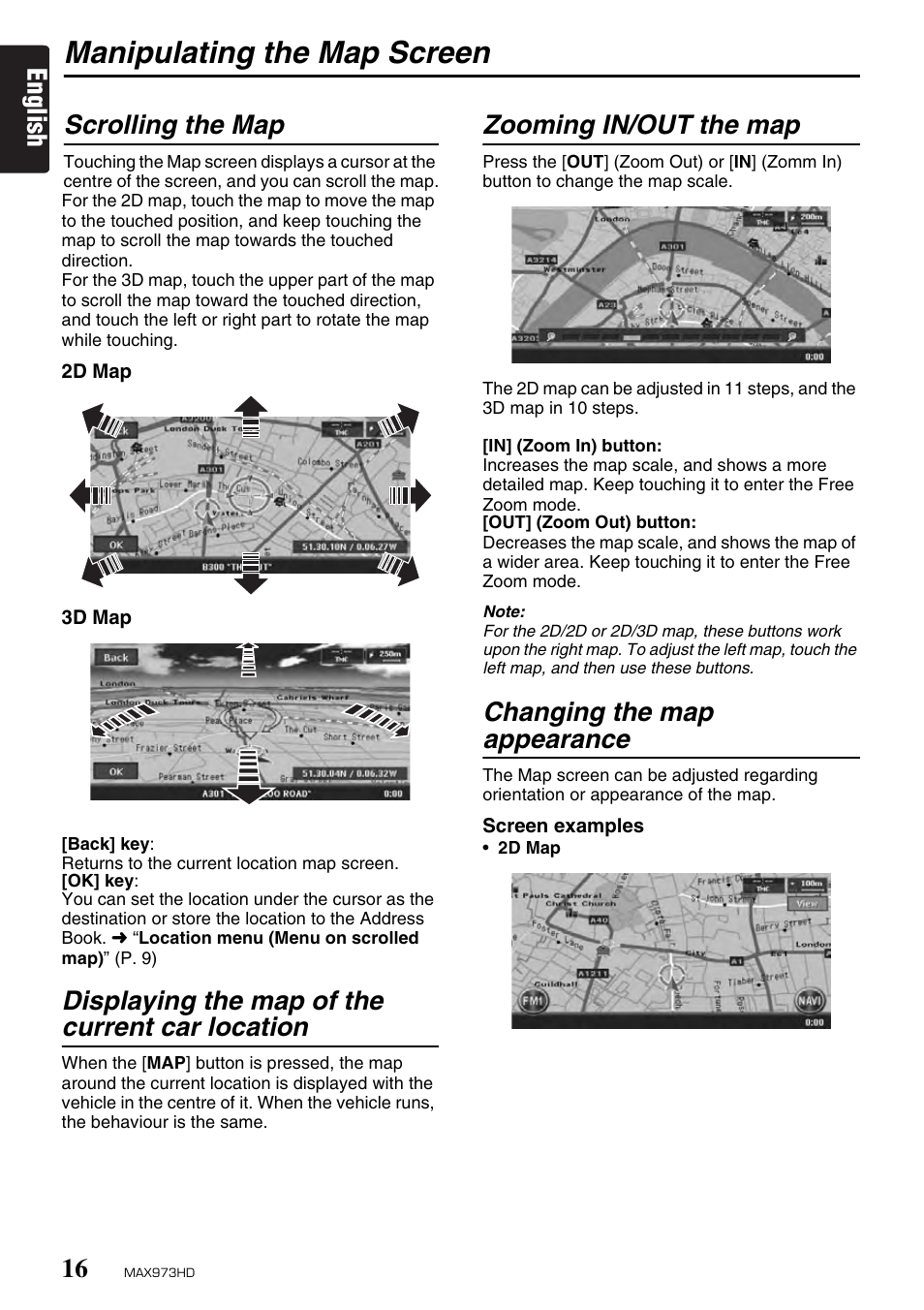 Manipulating the map screen, English, Scrolling the map | Displaying the map of the current car location, Zooming in/out the map, Changing the map appearance | Clarion MAX973HD User Manual | Page 15 / 187