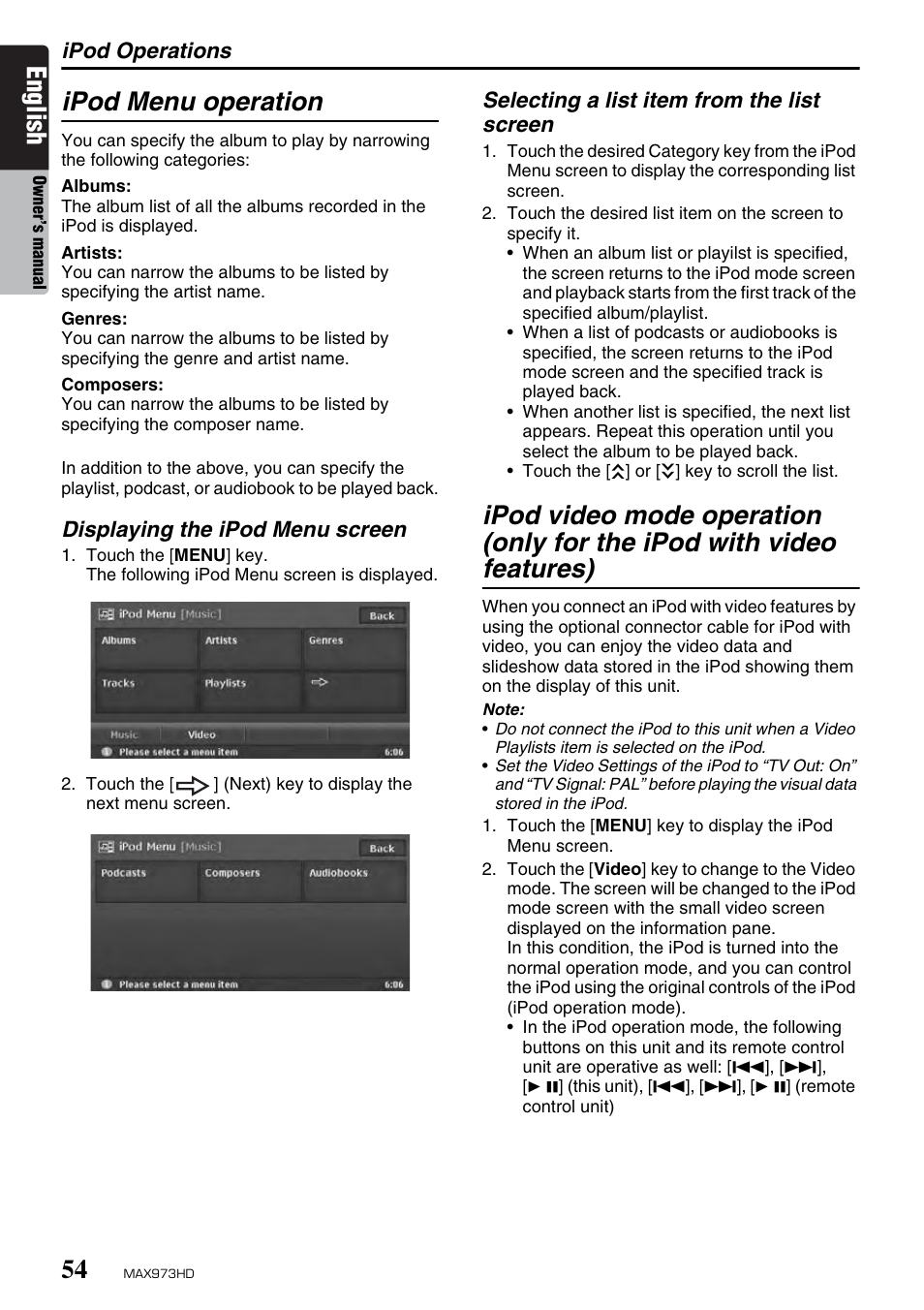 English, Ipod menu operation | Clarion MAX973HD User Manual | Page 150 / 187