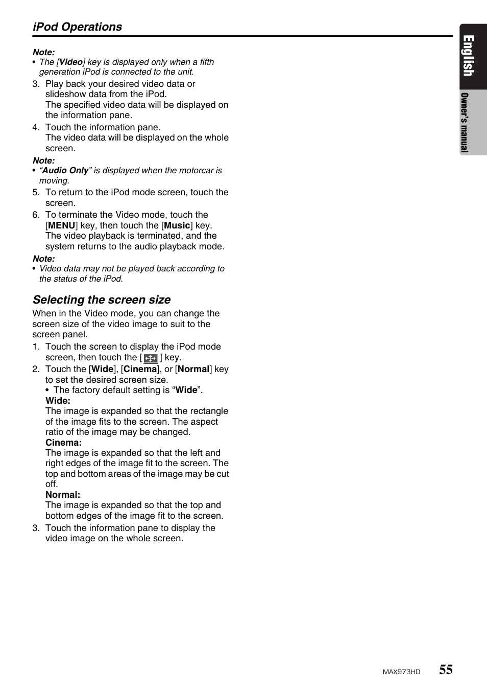 English, Ipod operations, Selecting the screen size | Clarion MAX973HD User Manual | Page 151 / 187