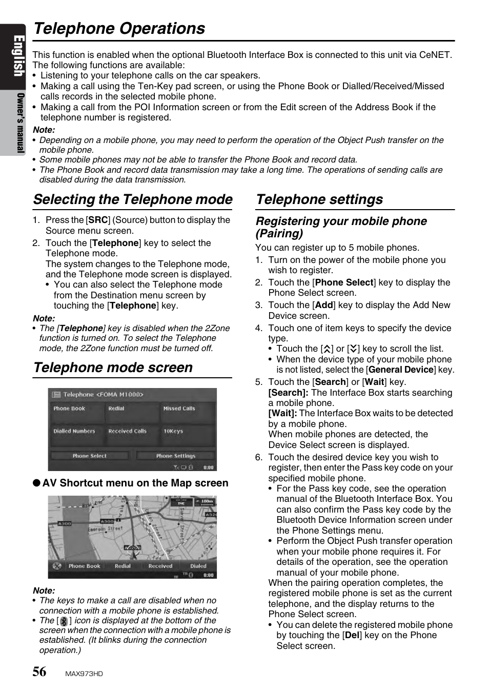 Telephone operations, English, Selecting the telephone mode | Telephone mode screen, Telephone settings | Clarion MAX973HD User Manual | Page 152 / 187