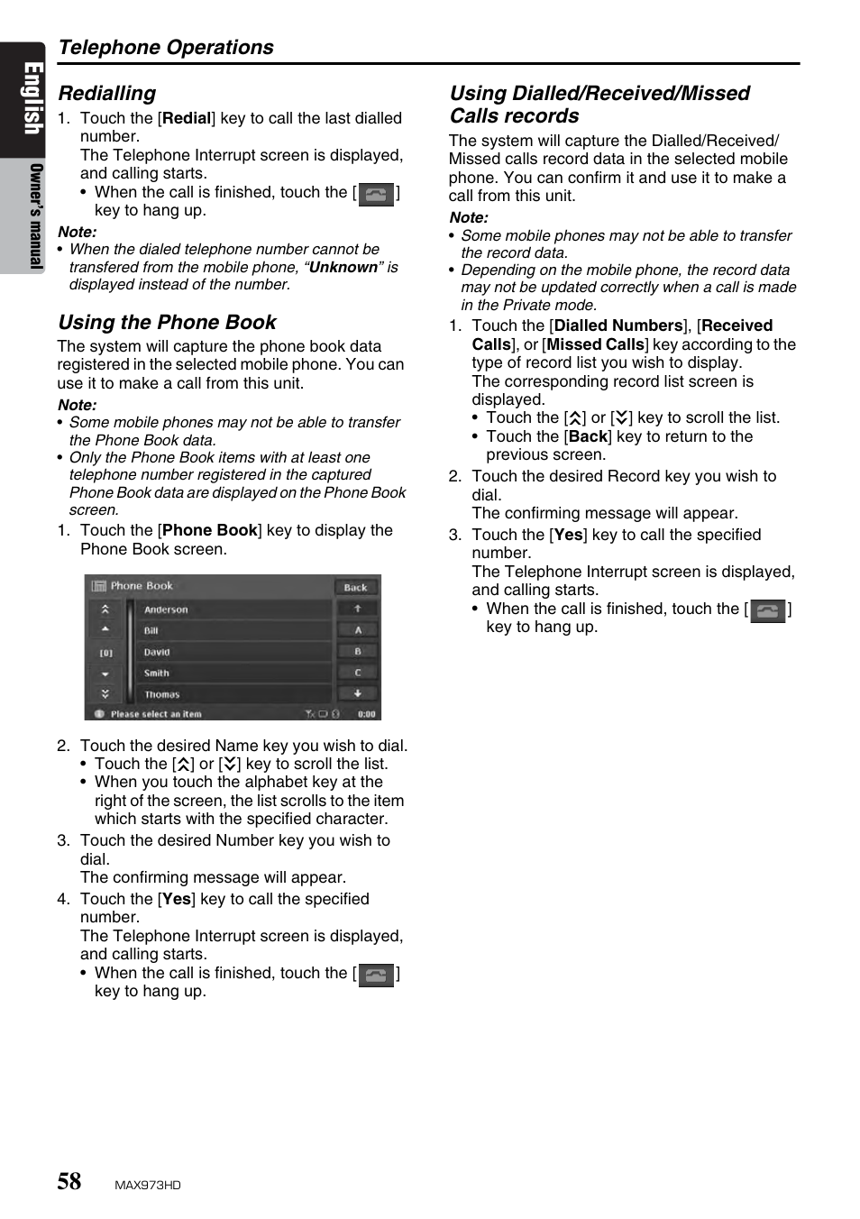 English, Telephone operations, Redialling | Using the phone book, Using dialled/received/missed calls records | Clarion MAX973HD User Manual | Page 154 / 187