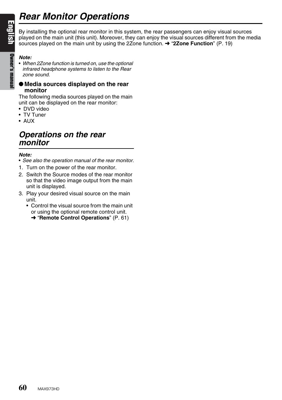 Rear monitor operations, English, Operations on the rear monitor | Clarion MAX973HD User Manual | Page 156 / 187