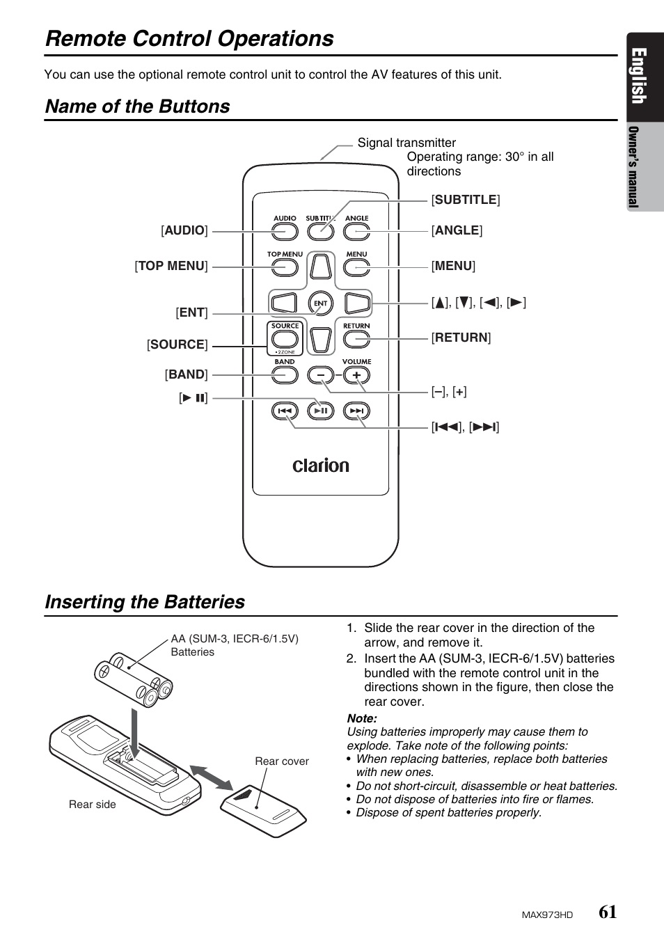 Remote control operations, English, Name of the buttons inserting the batteries | Clarion MAX973HD User Manual | Page 157 / 187