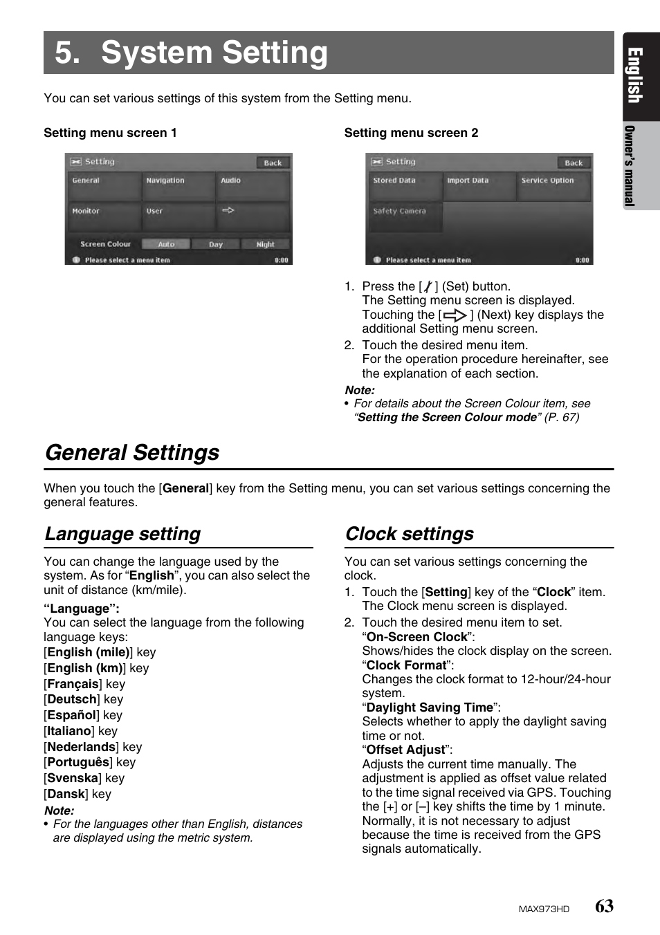 System setting, General settings, English | Language setting, Clock settings | Clarion MAX973HD User Manual | Page 159 / 187