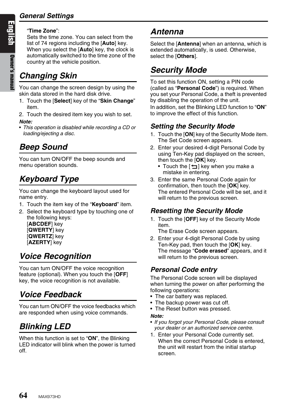 English, Changing skin, Beep sound | Keyboard type, Voice recognition, Voice feedback, Blinking led, Antenna, Security mode | Clarion MAX973HD User Manual | Page 160 / 187