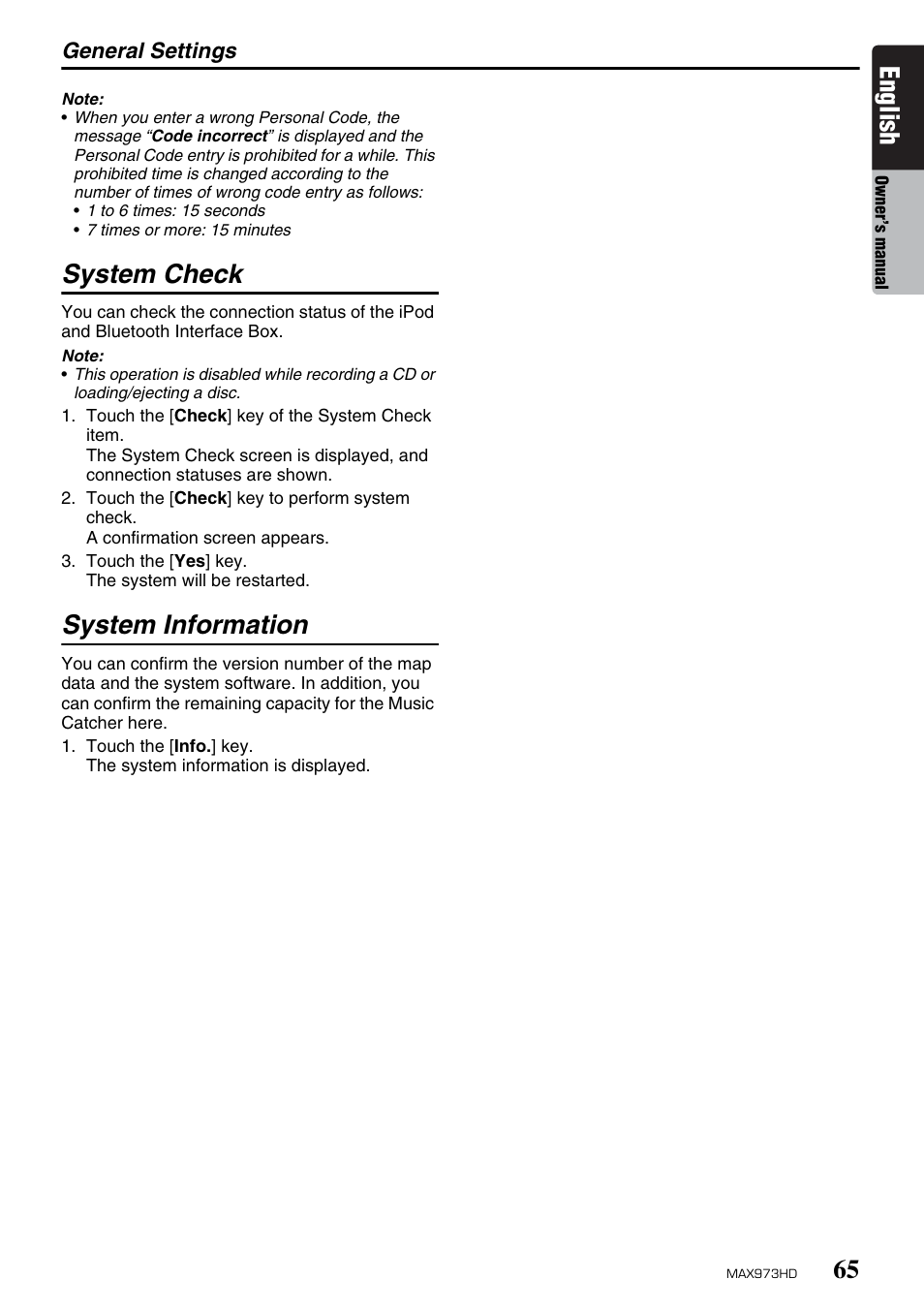 English, System check, System information | Clarion MAX973HD User Manual | Page 161 / 187