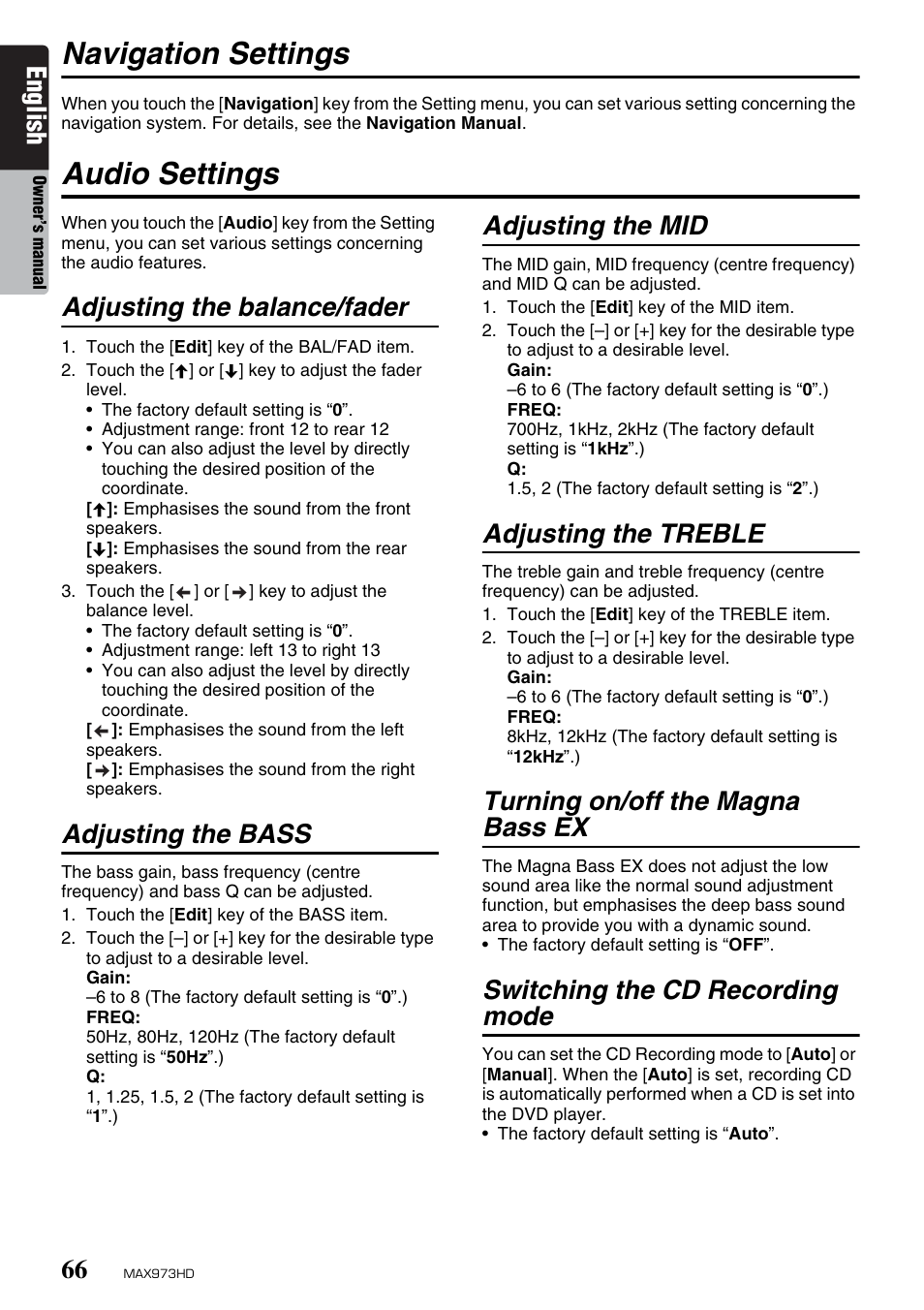 Navigation settings, Audio settings, English | Adjusting the balance/fader, Adjusting the bass, Adjusting the mid, Adjusting the treble, Turning on/off the magna bass ex, Switching the cd recording mode | Clarion MAX973HD User Manual | Page 162 / 187