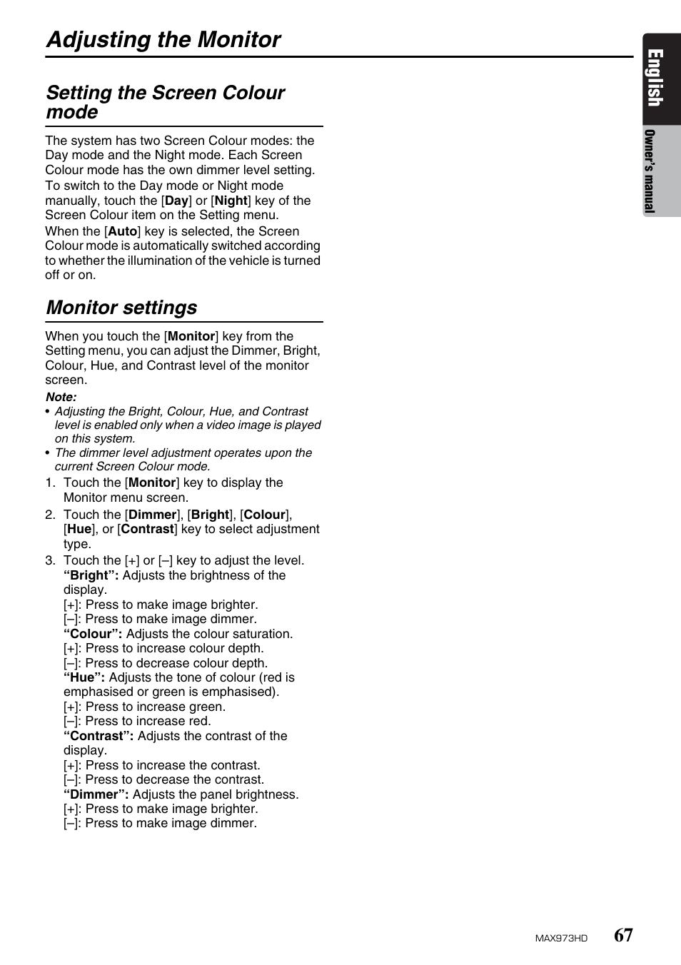 Adjusting the monitor, English, Setting the screen colour mode | Monitor settings | Clarion MAX973HD User Manual | Page 163 / 187