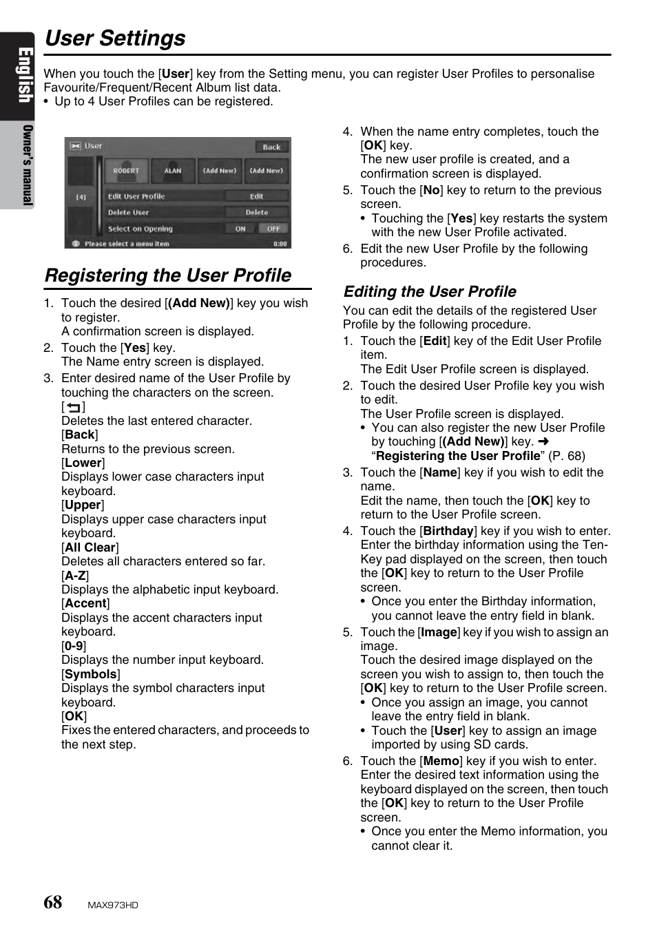 User settings, English, Registering the user profile | Clarion MAX973HD User Manual | Page 164 / 187