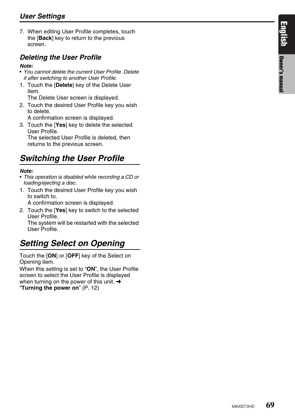 English, Switching the user profile, Setting select on opening | Clarion MAX973HD User Manual | Page 165 / 187