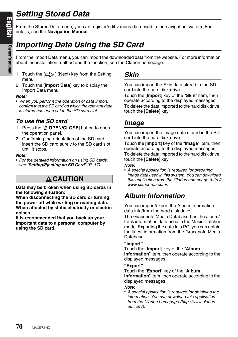 Setting stored data, Importing data using the sd card, English | Caution, Skin, Image, Album information | Clarion MAX973HD User Manual | Page 166 / 187