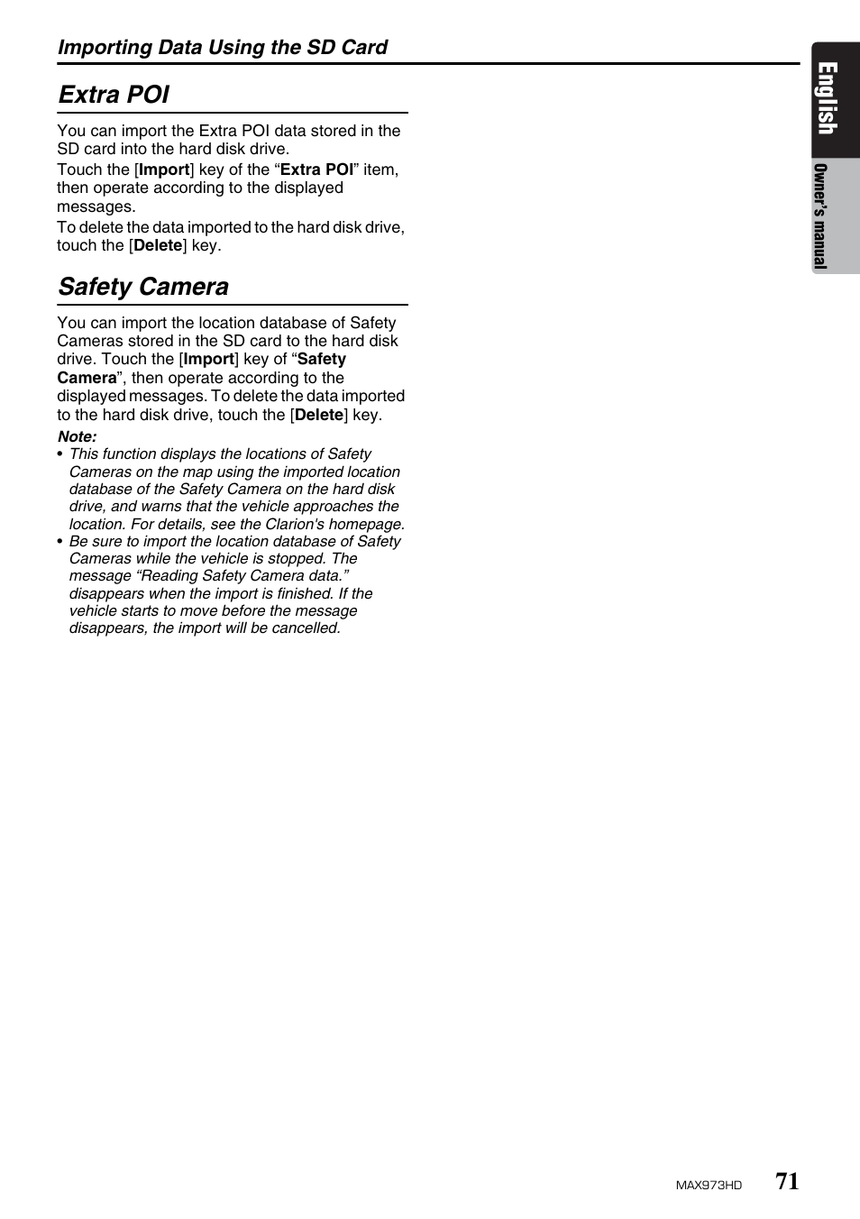 English, Extra poi, Safety camera | Clarion MAX973HD User Manual | Page 167 / 187