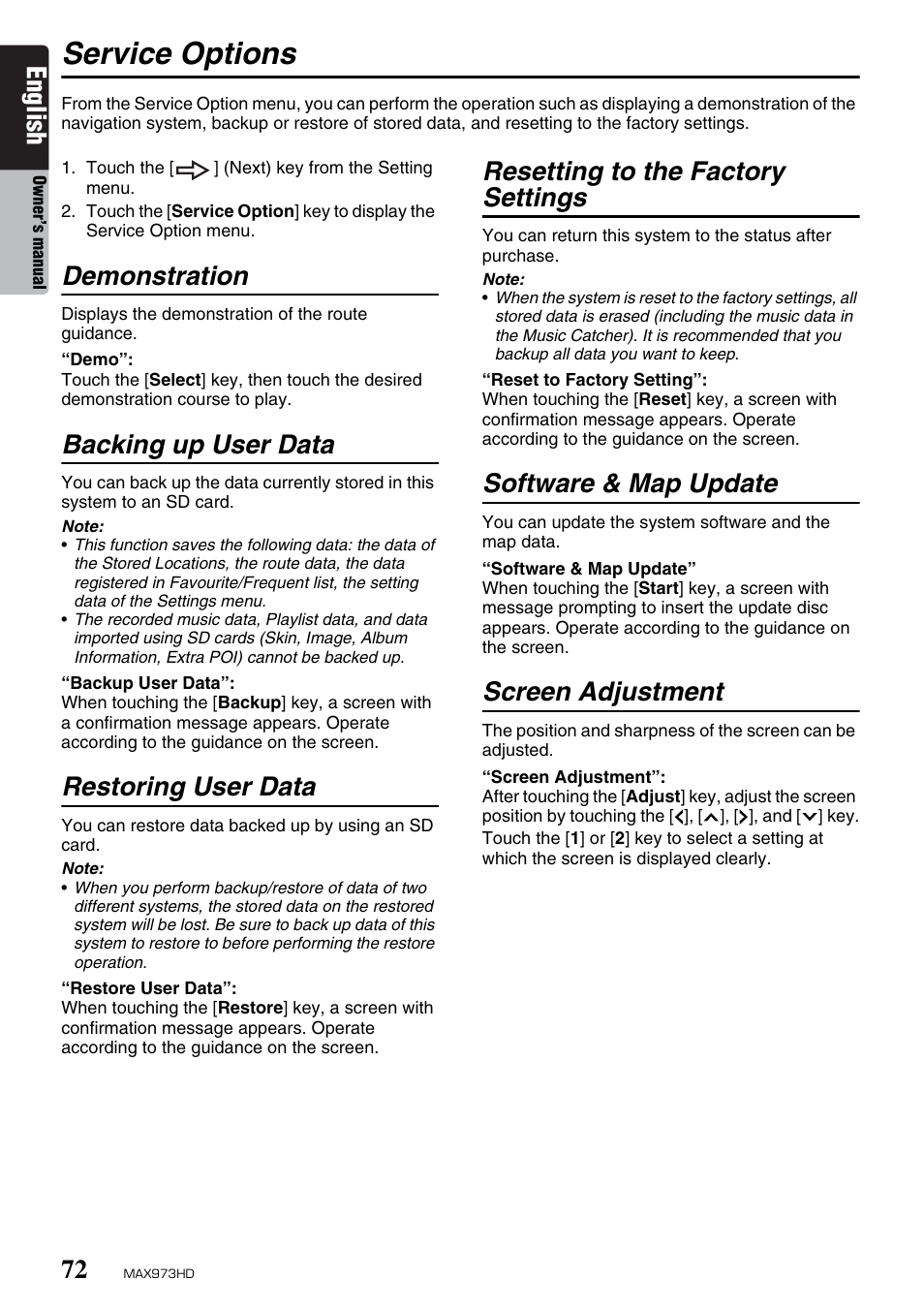 Service options, English, Demonstration | Backing up user data, Restoring user data, Resetting to the factory settings, Software & map update, Screen adjustment | Clarion MAX973HD User Manual | Page 168 / 187