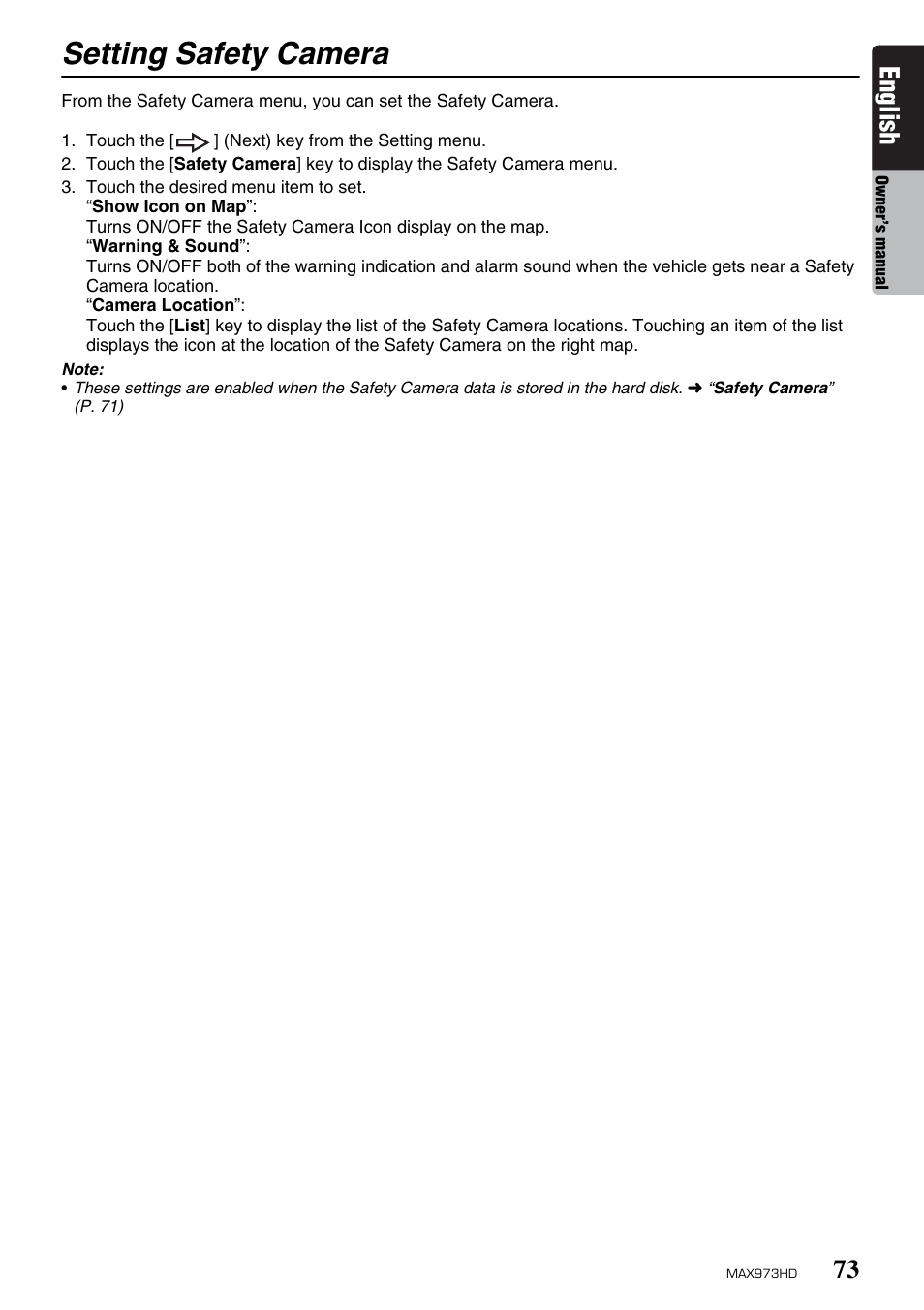 Setting safety camera, English | Clarion MAX973HD User Manual | Page 169 / 187